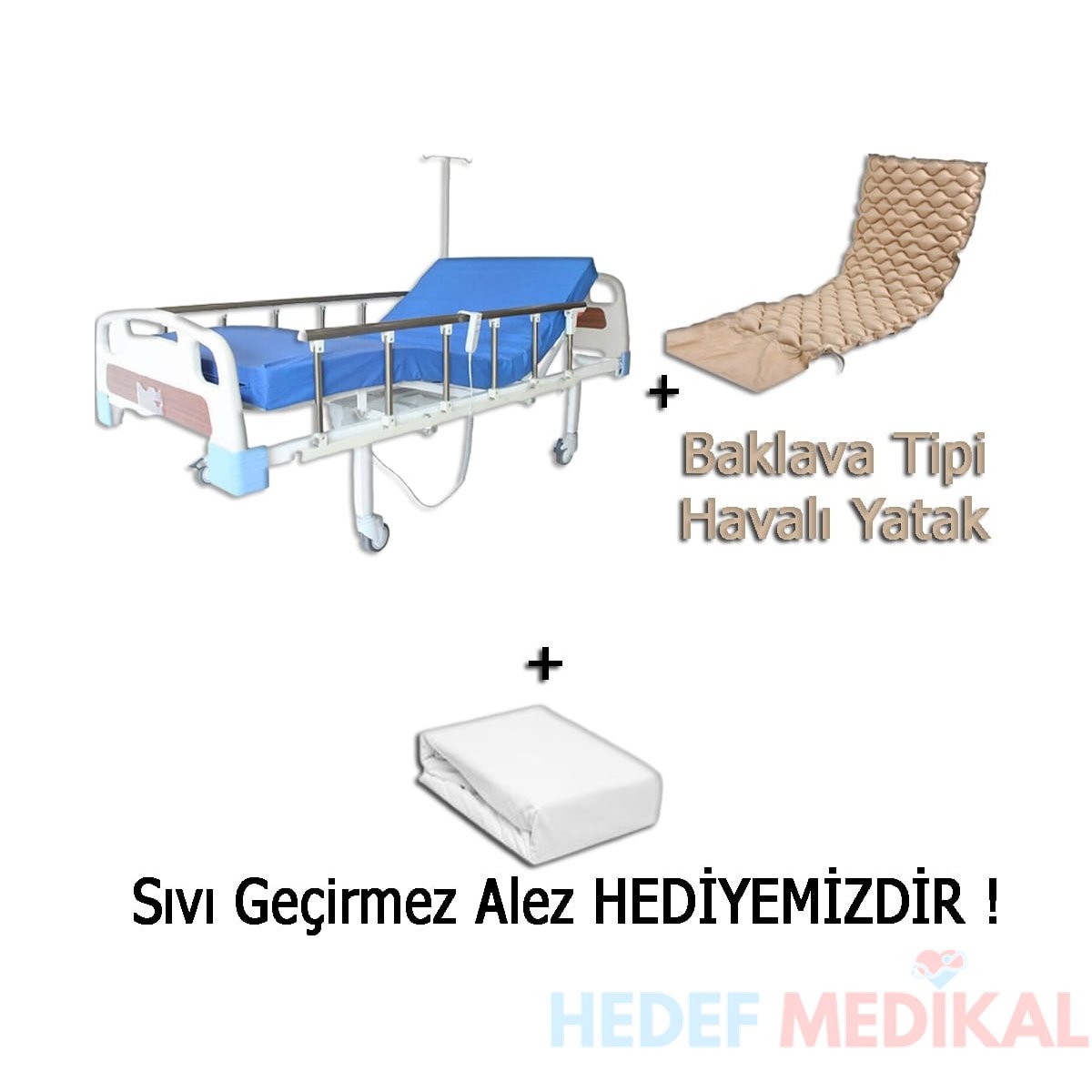 3 Motorlu Abs Tabanca Korkuluklu Hasta Karyolasi + Baklava Tipi Havalı Yatak + Alez - Görsel 1