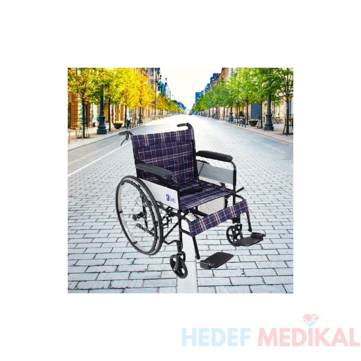 Golfi G-099 Refakatçi Frenli Katlanabilir Manuel Tekerlekli Sandalye Ekose Kumaş - Görsel 1