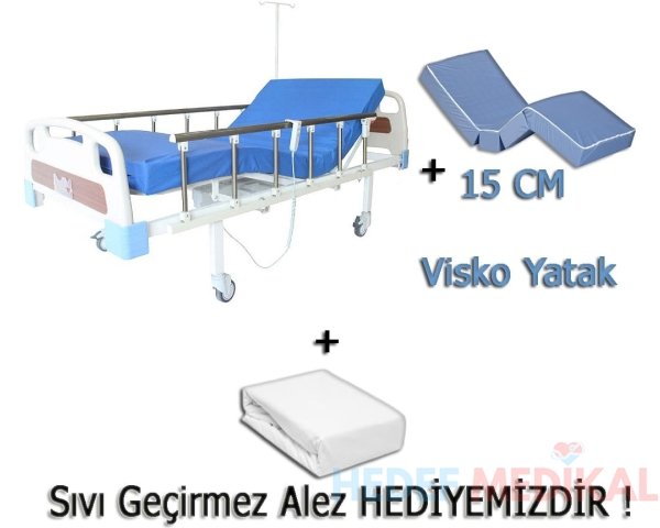 2 Motorlu Tabanca Korkuluklu Hasta Karyolası + 15 Cm Visko Yatak + Alez